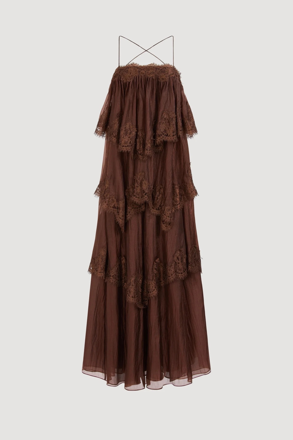 Caramel Brown Multi-layer Ruffle Spaghetti Strap Flared Maxi Dress