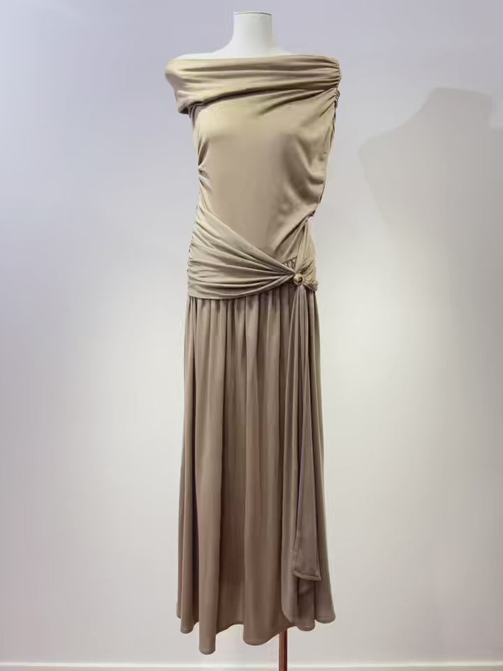Vintage One Shoulder Gold Beaded Satin Maxi Dress