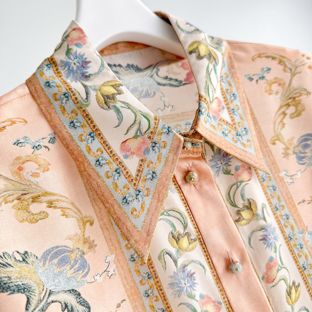 Vintage Floral Pattern Lapel Neck Short Sleeve Blouse Two-Piece Set