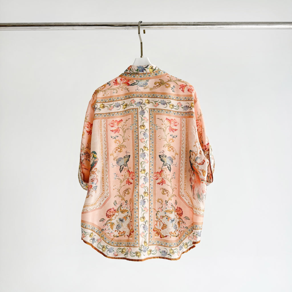Vintage Floral Pattern Lapel Neck Short Sleeve Blouse Two-Piece Set