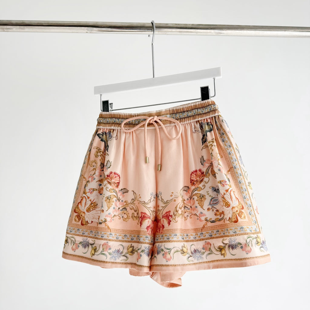 Vintage Floral Pattern Lapel Neck Short Sleeve Blouse Two-Piece Set