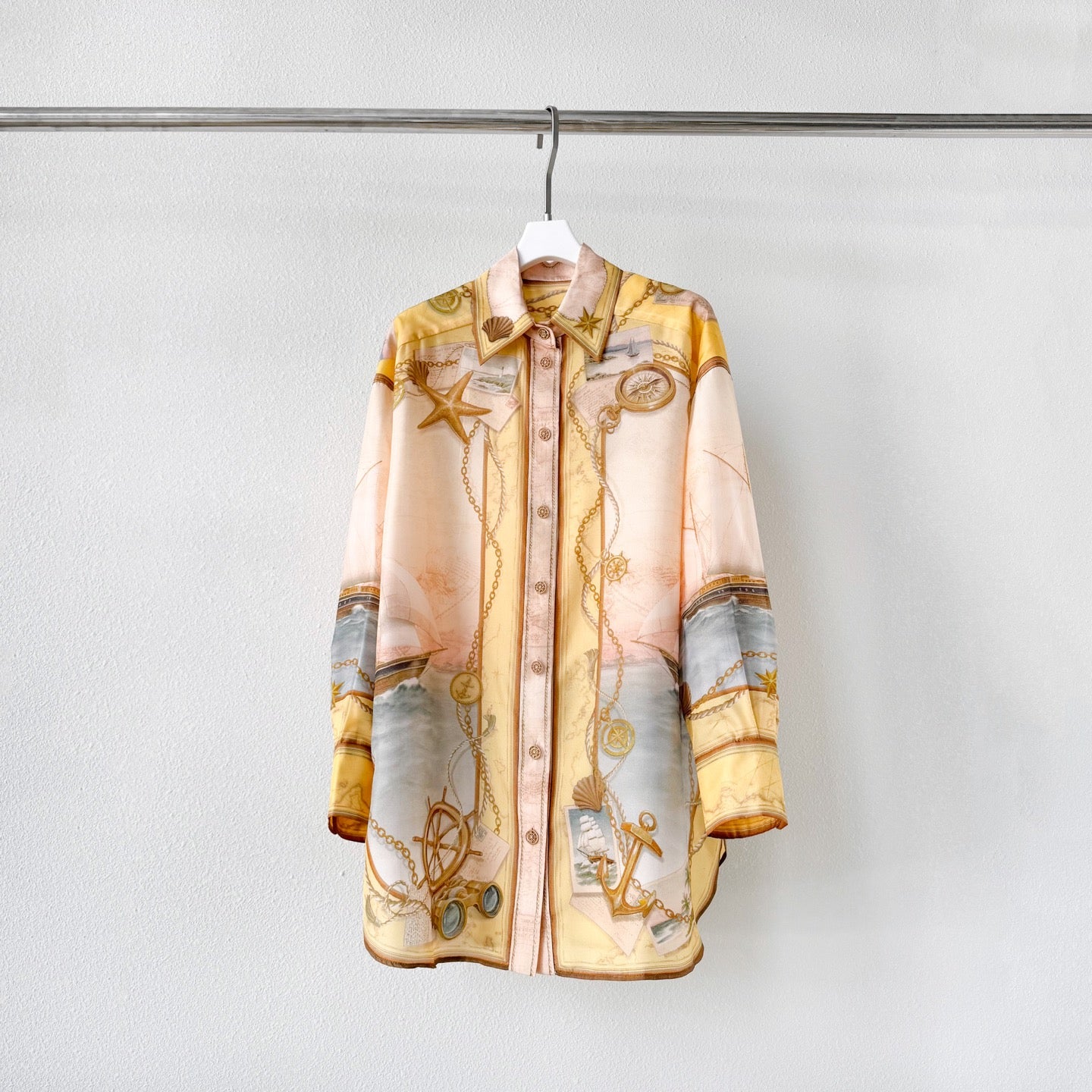 Yellow Tone Nautical Print Collared Shirt &Shorts Two Piece Set