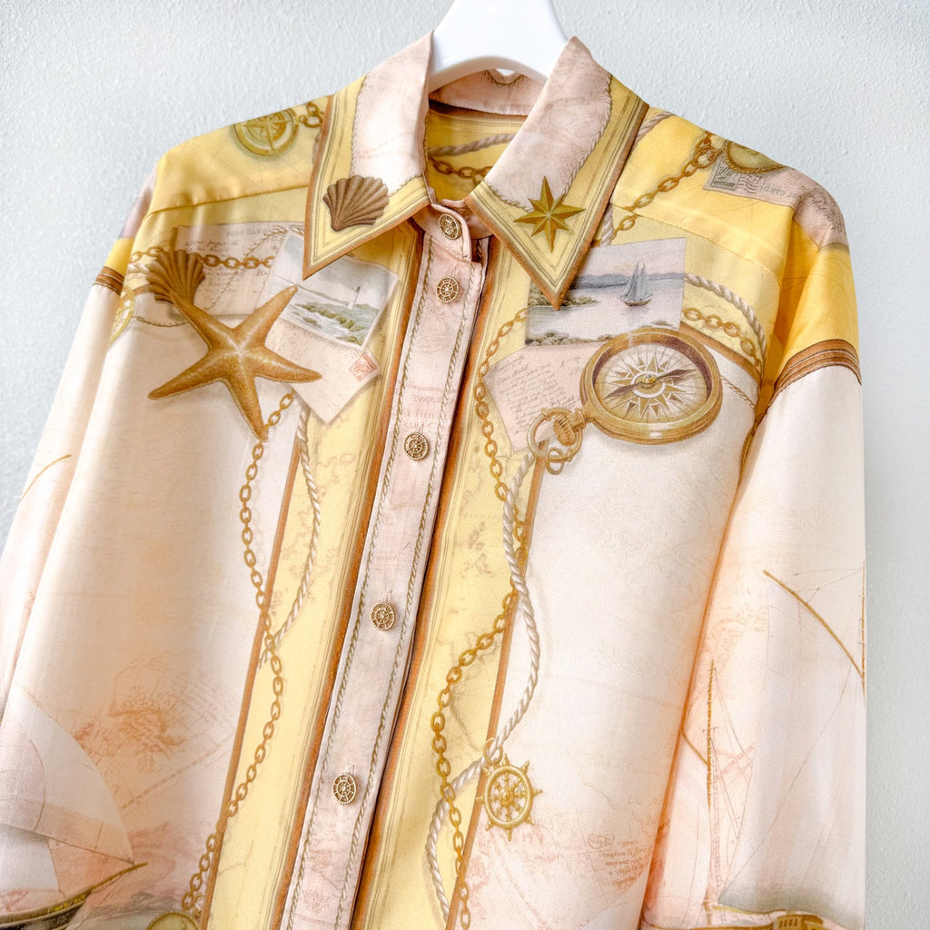 Yellow Tone Nautical Print Collared Shirt &Shorts Two Piece Set