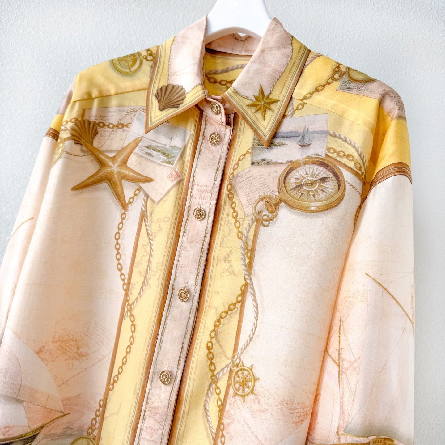 Yellow Tone Nautical Print Collared Shirt &Shorts Two Piece Set