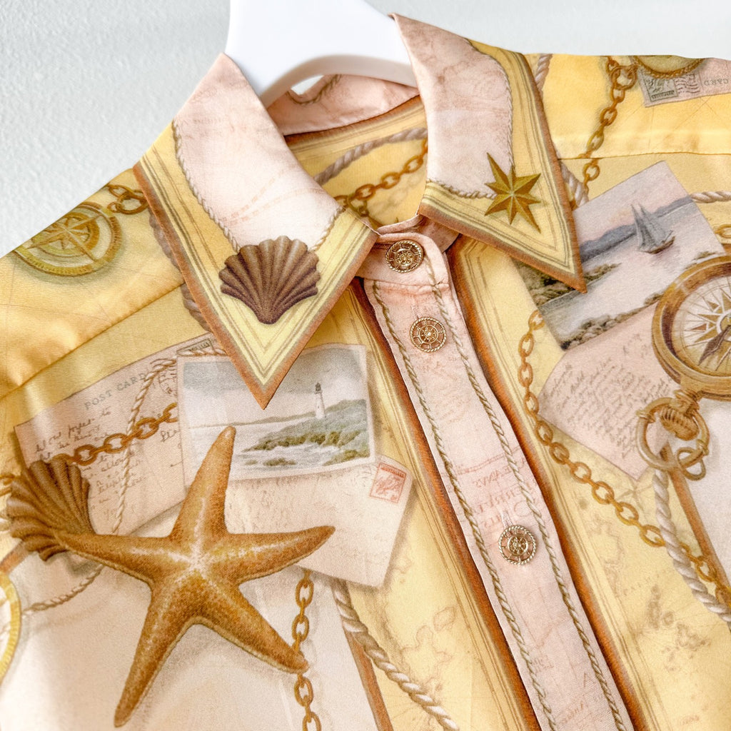 Yellow Tone Nautical Print Collared Shirt &Shorts Two Piece Set
