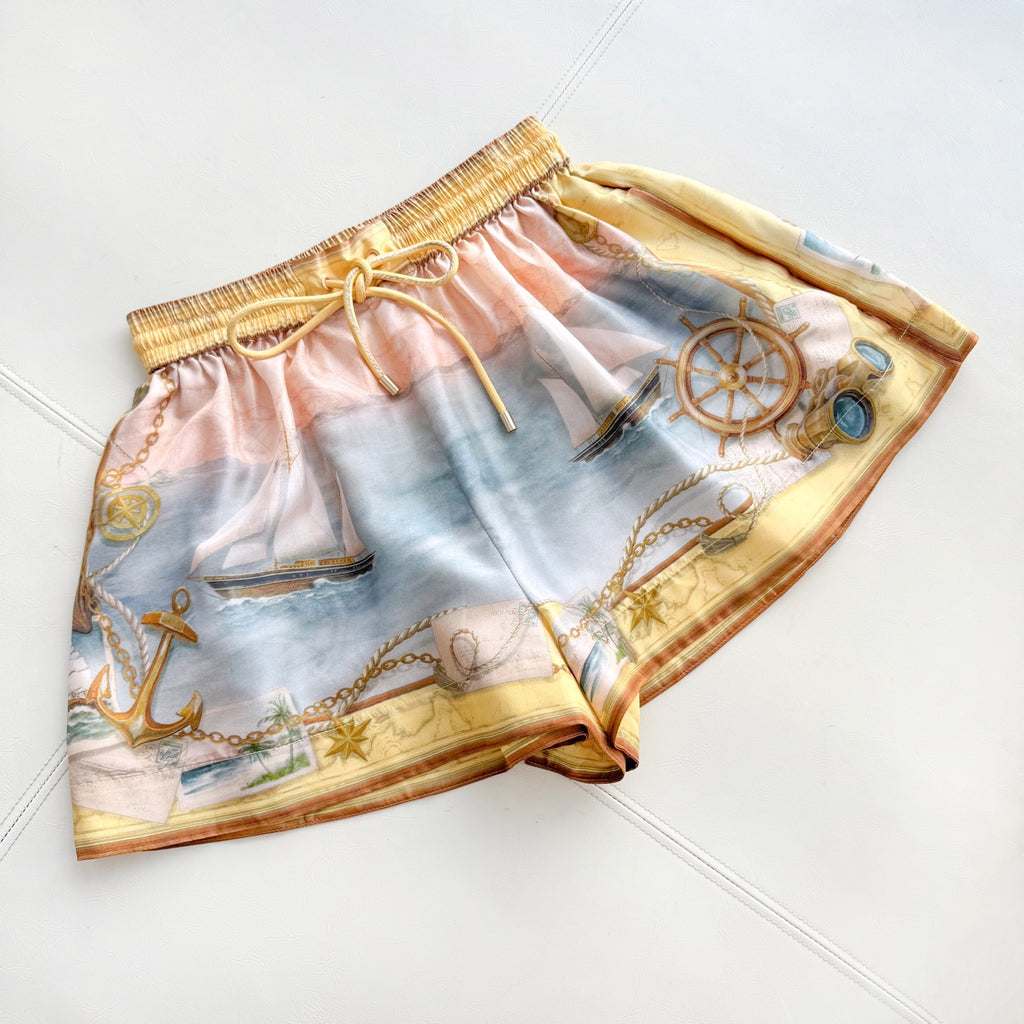 Yellow Tone Nautical Print Collared Shirt &Shorts Two Piece Set