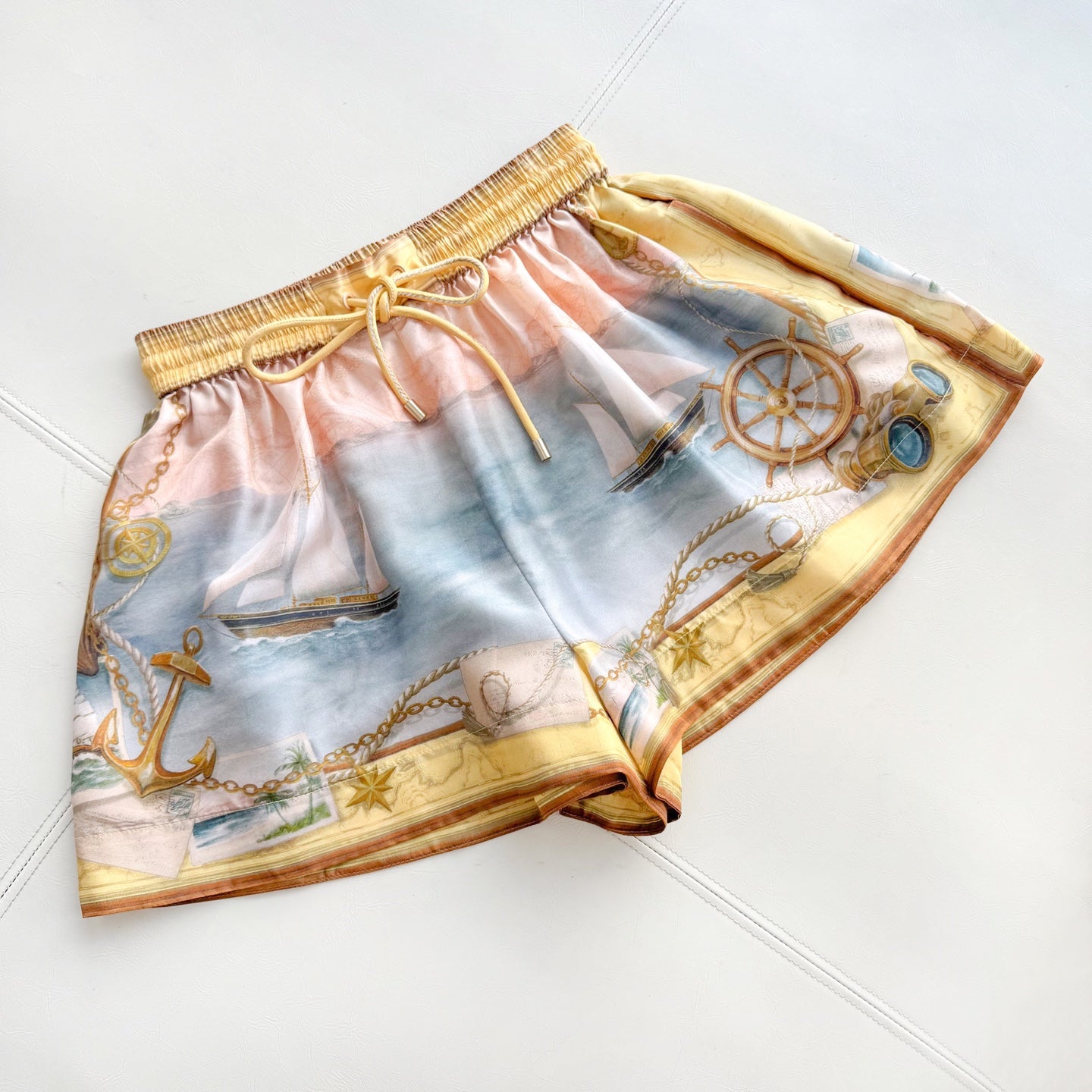 Yellow Tone Nautical Print Collared Shirt &Shorts Two Piece Set