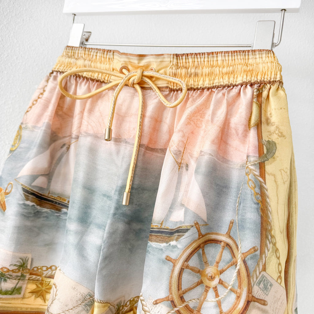 Yellow Tone Nautical Print Collared Shirt &Shorts Two Piece Set