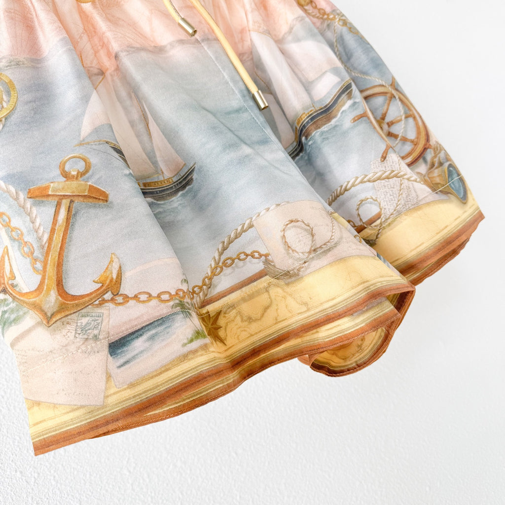 Yellow Tone Nautical Print Collared Shirt &Shorts Two Piece Set