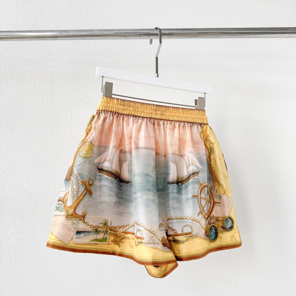 Yellow Tone Nautical Print Collared Shirt &Shorts Two Piece Set