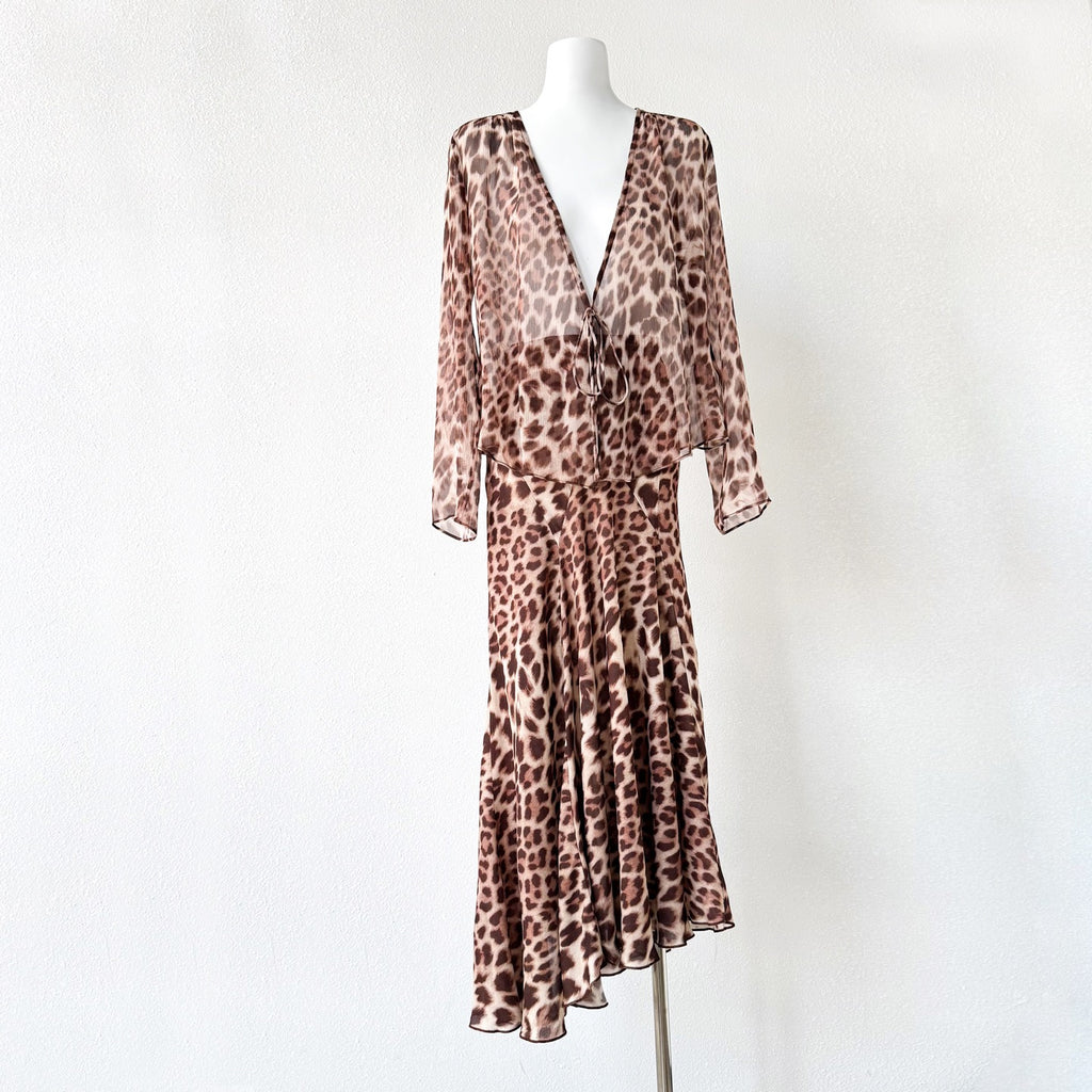 Brown Leopard Print V neck Two Piece Maxi Dress