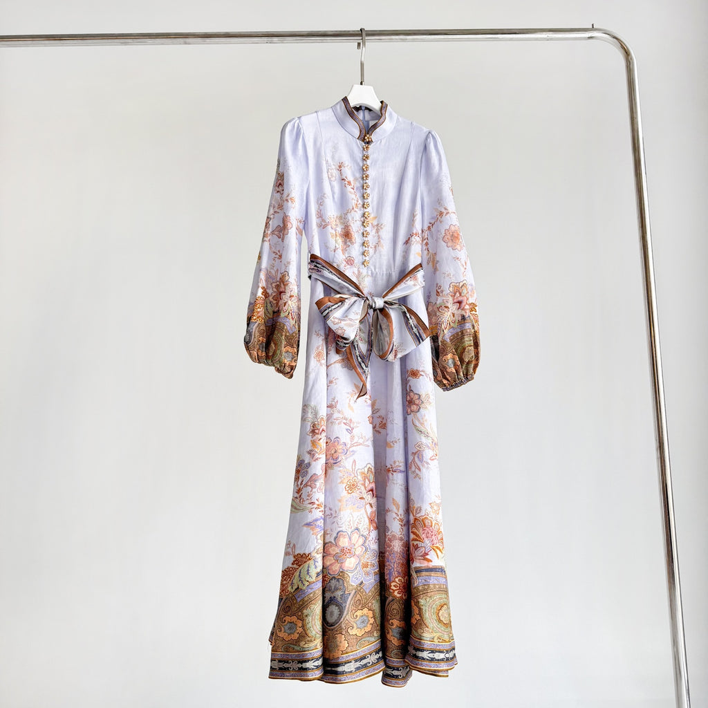 Vintage Floral Mandarin Collar Belted Midi Dress