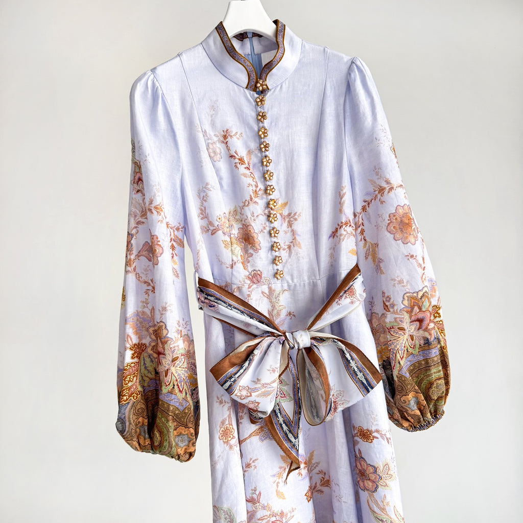 Vintage Floral Mandarin Collar Belted Midi Dress