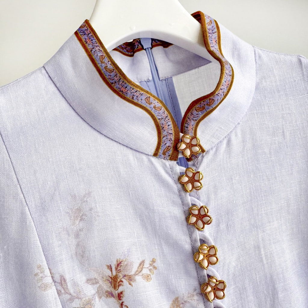 Vintage Floral Mandarin Collar Belted Midi Dress