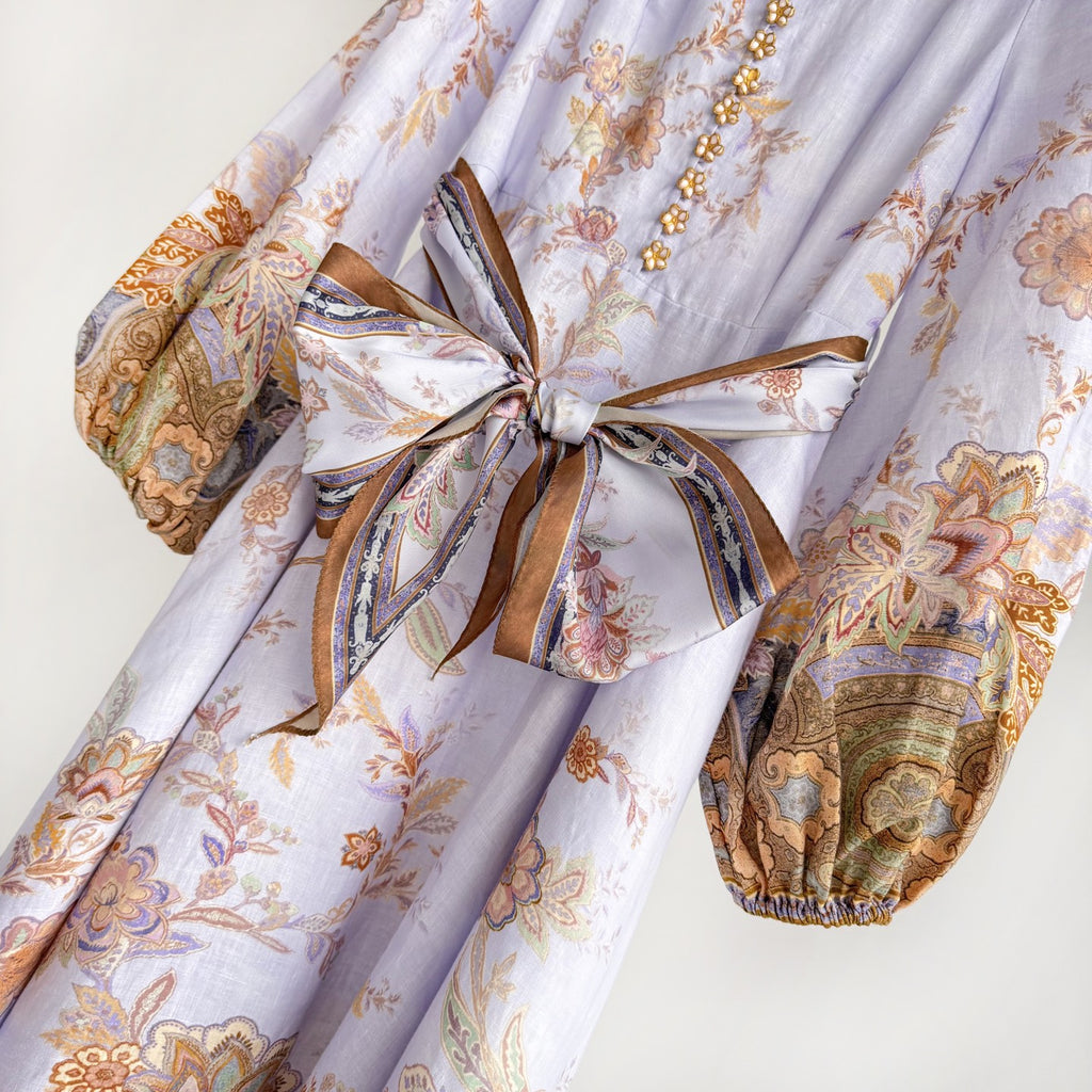 Vintage Floral Mandarin Collar Belted Midi Dress