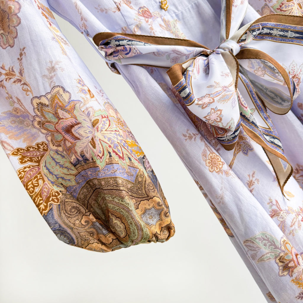 Vintage Floral Mandarin Collar Belted Midi Dress