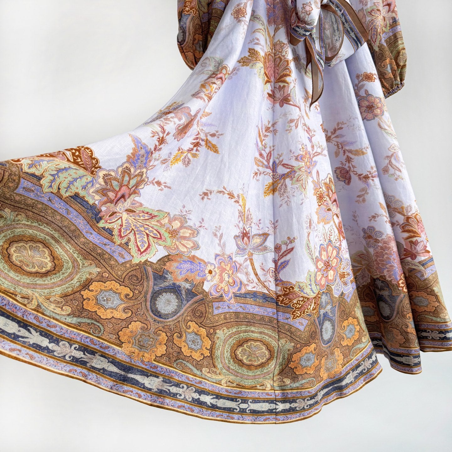 Vintage Floral Mandarin Collar Belted Midi Dress