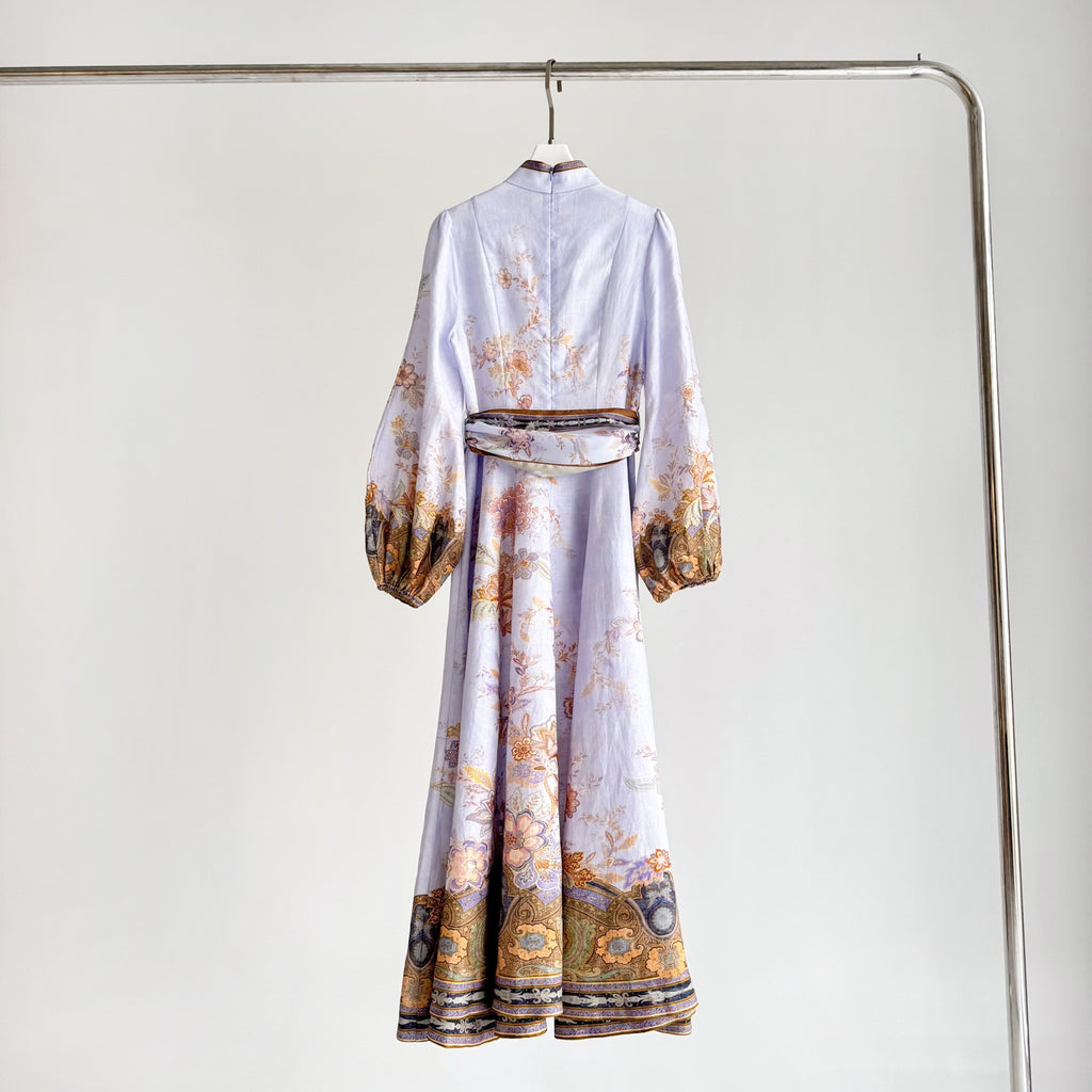 Vintage Floral Mandarin Collar Belted Midi Dress