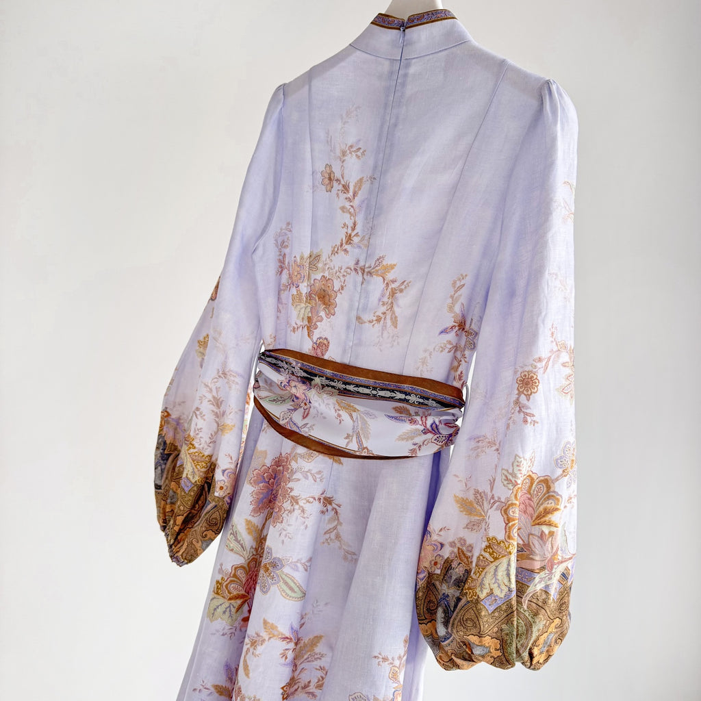 Vintage Floral Mandarin Collar Belted Midi Dress