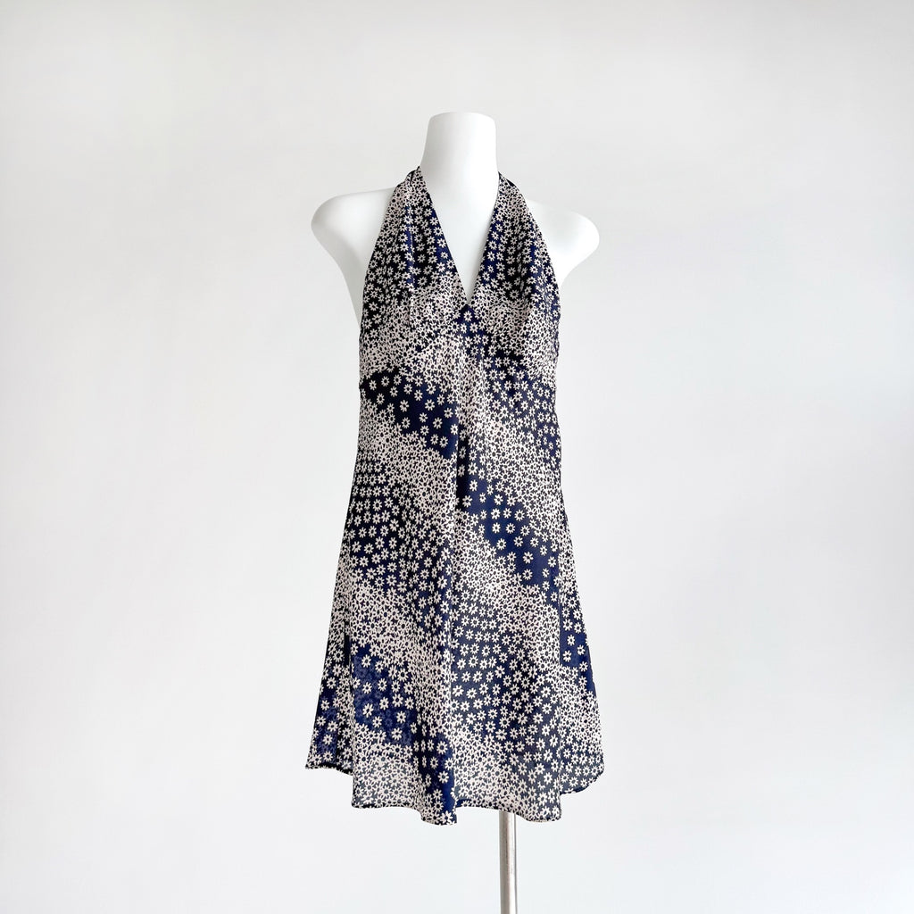 Two Tone Polka Dot Floral Print Halter Neck Irregular Mermaid Hem Maxi Dress