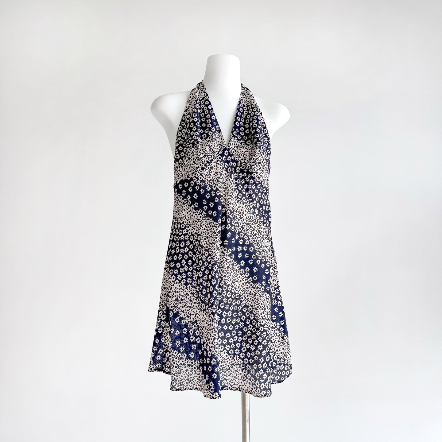 Two Tone Polka Dot Floral Print Halter Neck Irregular Mermaid Hem Maxi Dress
