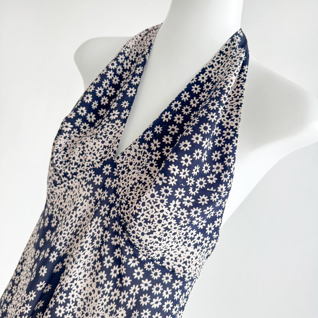 Two Tone Polka Dot Floral Print Halter Neck Irregular Mermaid Hem Maxi Dress