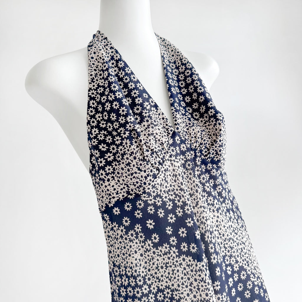 Two Tone Polka Dot Floral Print Halter Neck Irregular Mermaid Hem Maxi Dress
