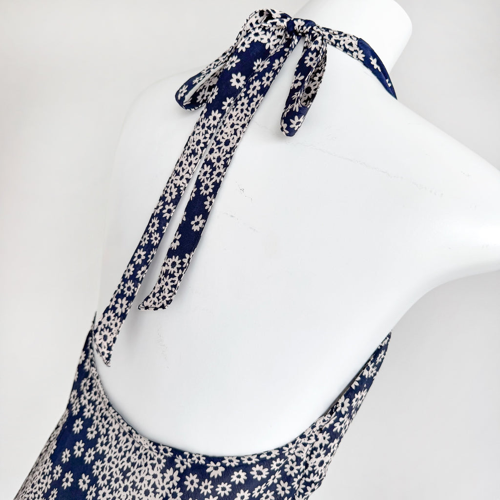 Two Tone Polka Dot Floral Print Halter Neck Irregular Mermaid Hem Maxi Dress