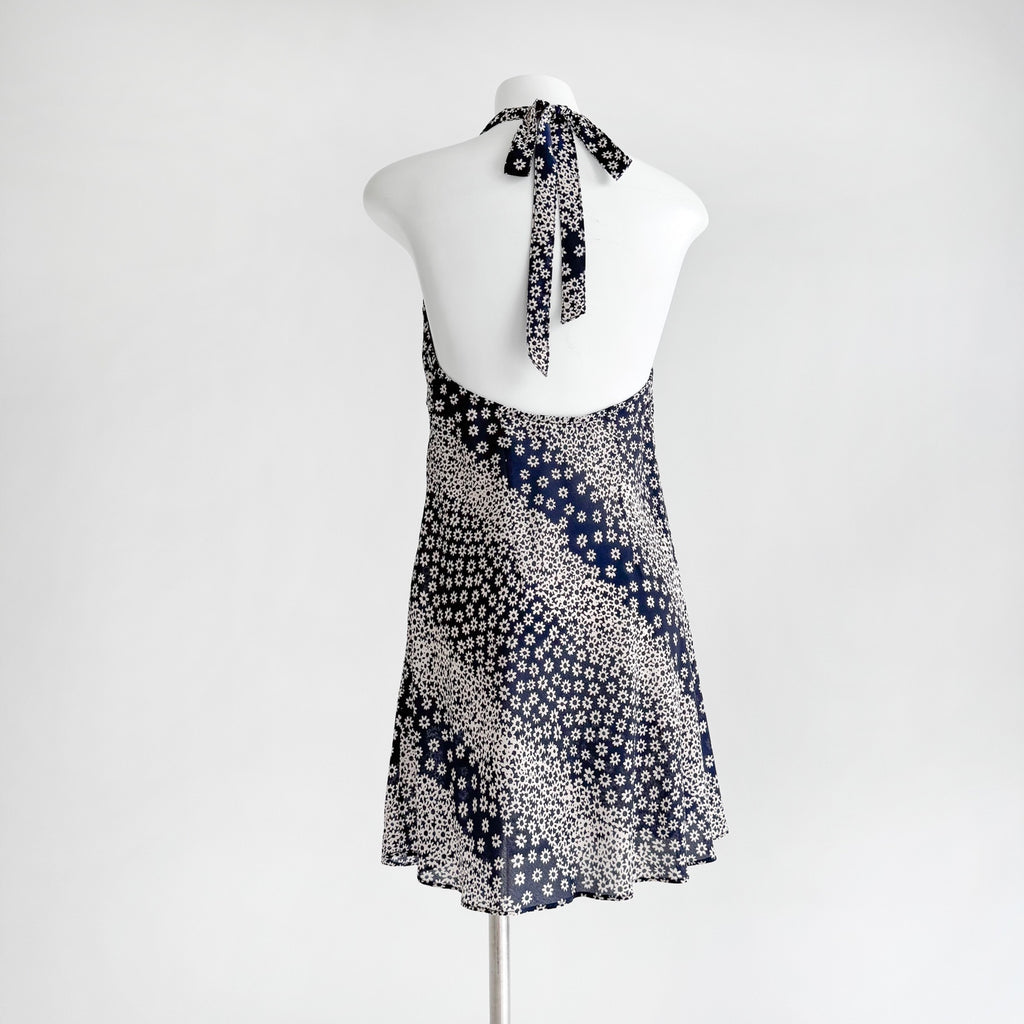 Two Tone Polka Dot Floral Print Halter Neck Irregular Mermaid Hem Maxi Dress