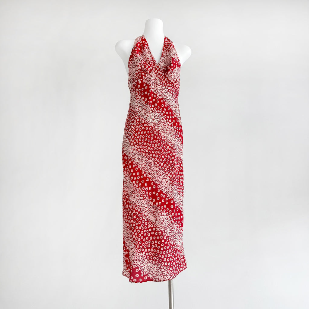 Two Tone Polka Dot Floral Print Halter Neck Irregular Mermaid Hem Maxi Dress
