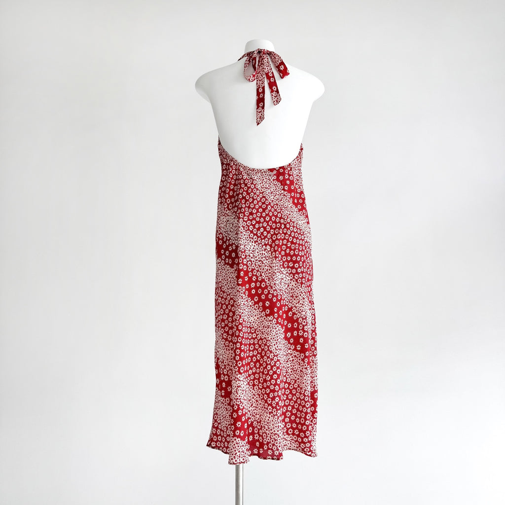Two Tone Polka Dot Floral Print Halter Neck Irregular Mermaid Hem Maxi Dress
