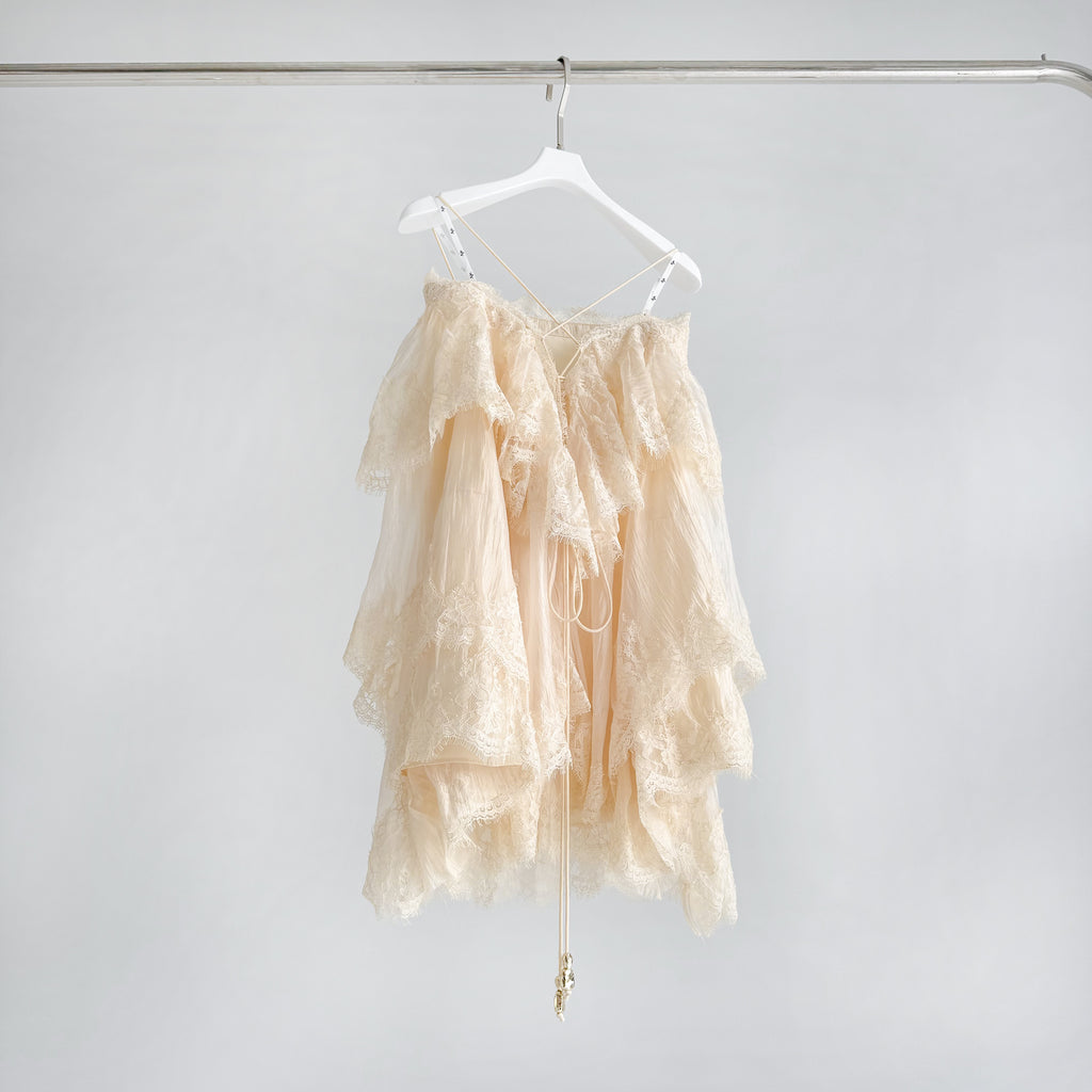 Cream Apricot Tiered Lace Irregular Ruffle Blouse
