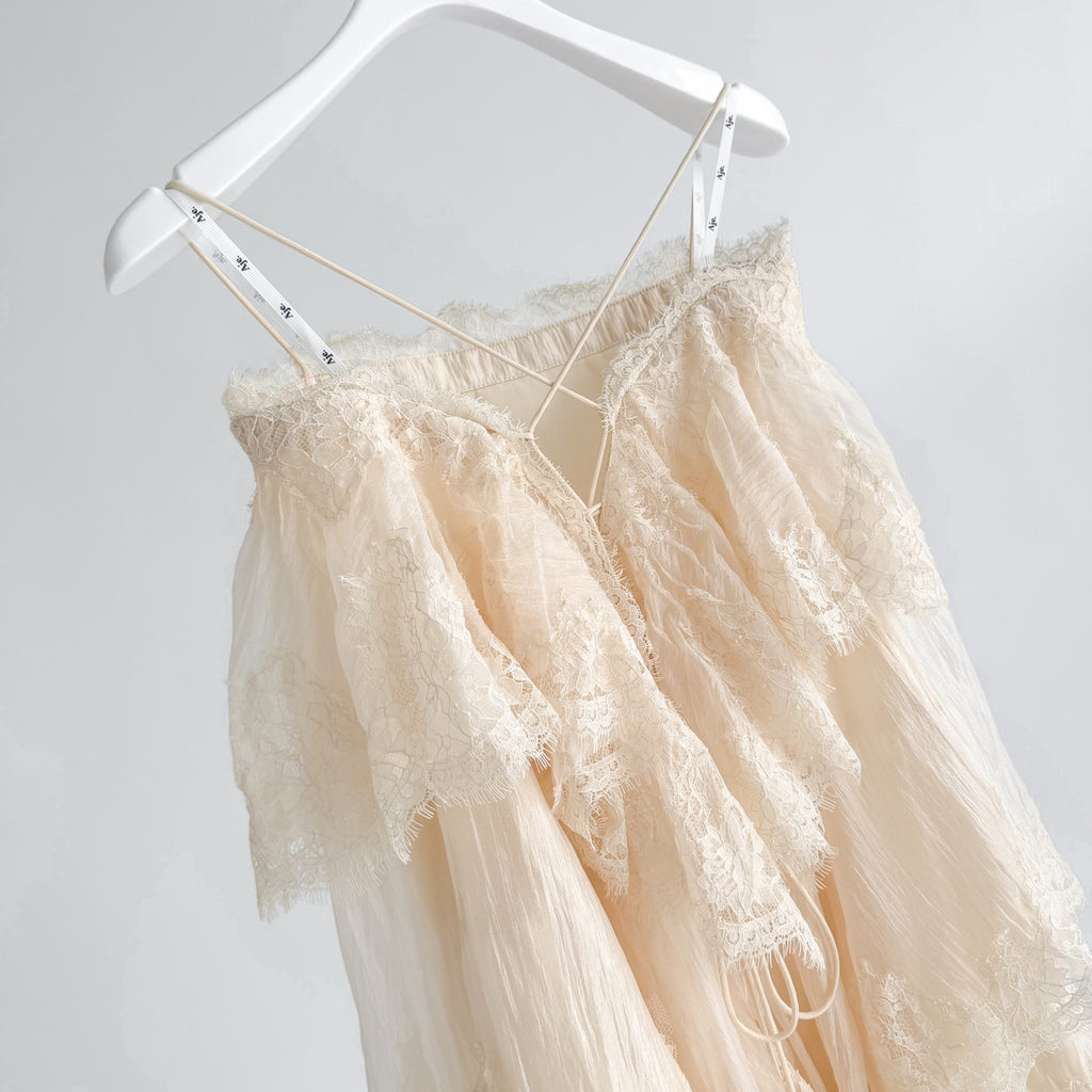Cream Apricot Tiered Lace Irregular Ruffle Blouse