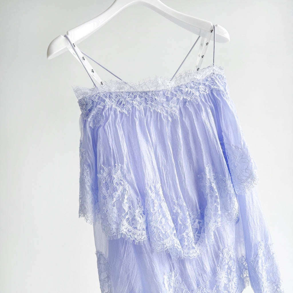 Light Blue and Brown Thin Strap Tiered Lace Off Blouse
