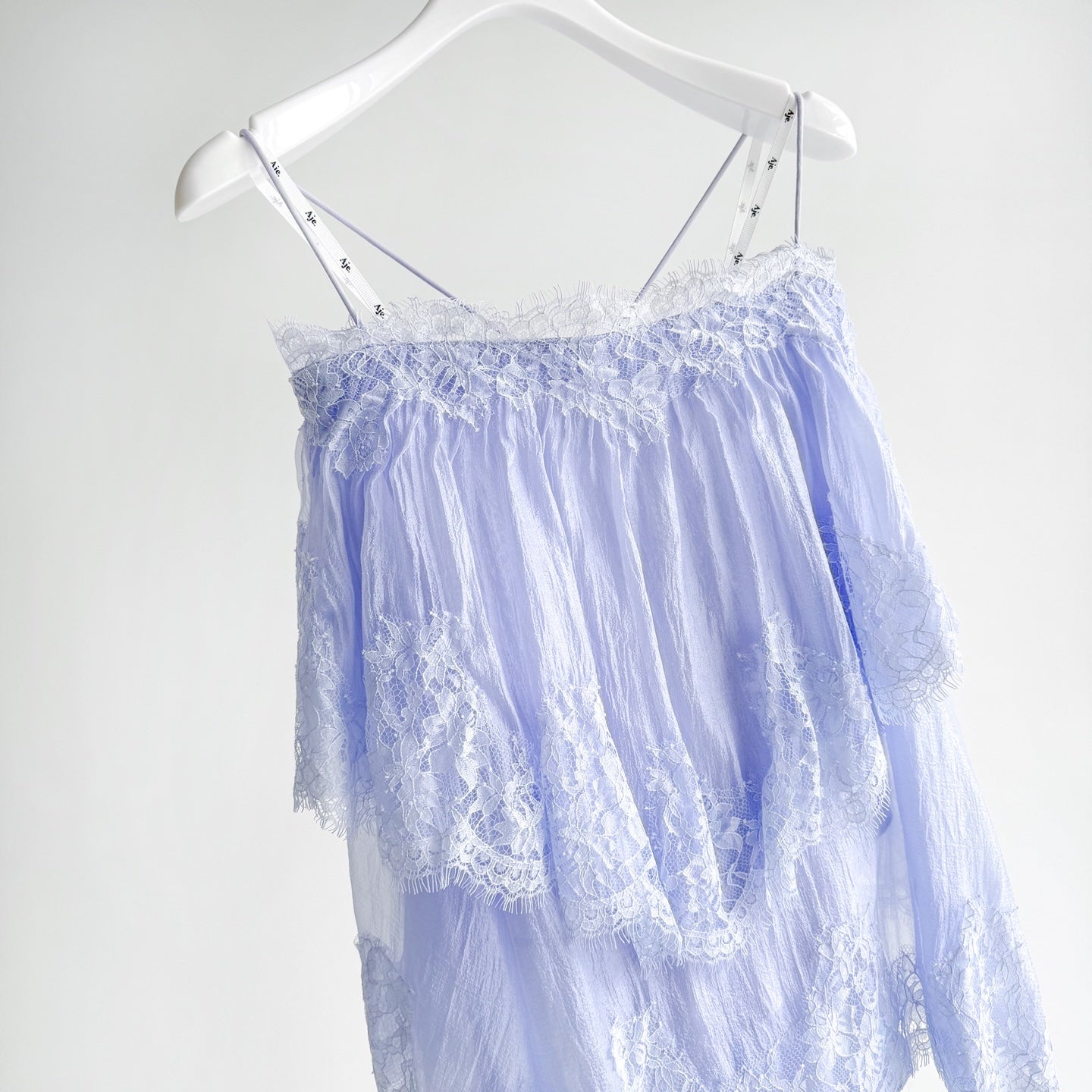 Light Blue and Brown Thin Strap Tiered Lace Off Blouse