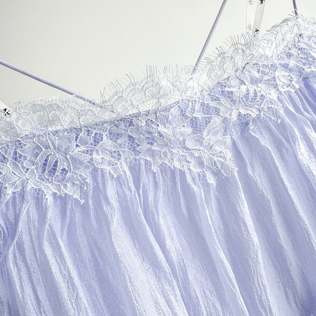 Light Blue and Brown Thin Strap Tiered Lace Off Blouse