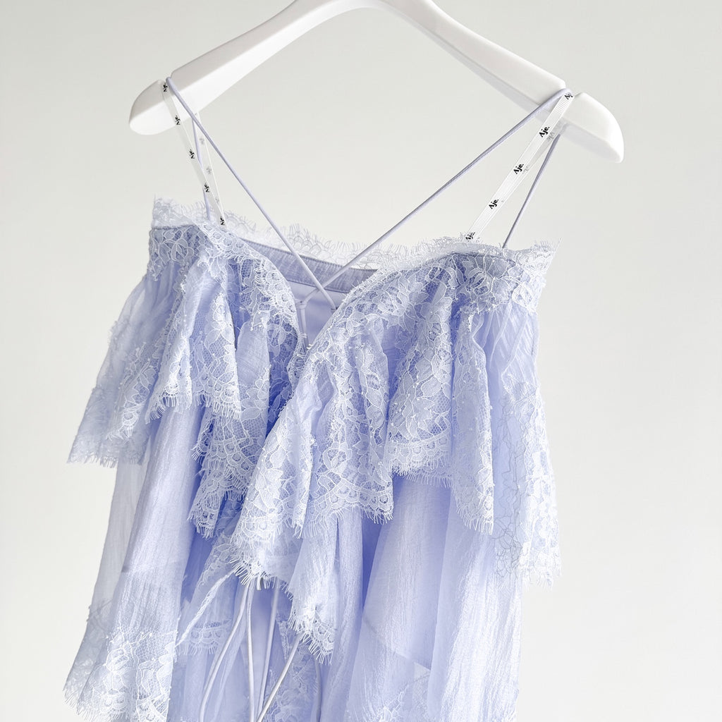 Light Blue and Brown Thin Strap Tiered Lace Off Blouse