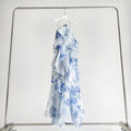 Withe Base Blue Ink Floral Print Tiered Ruffle Tulip Hem Maxi Dress
