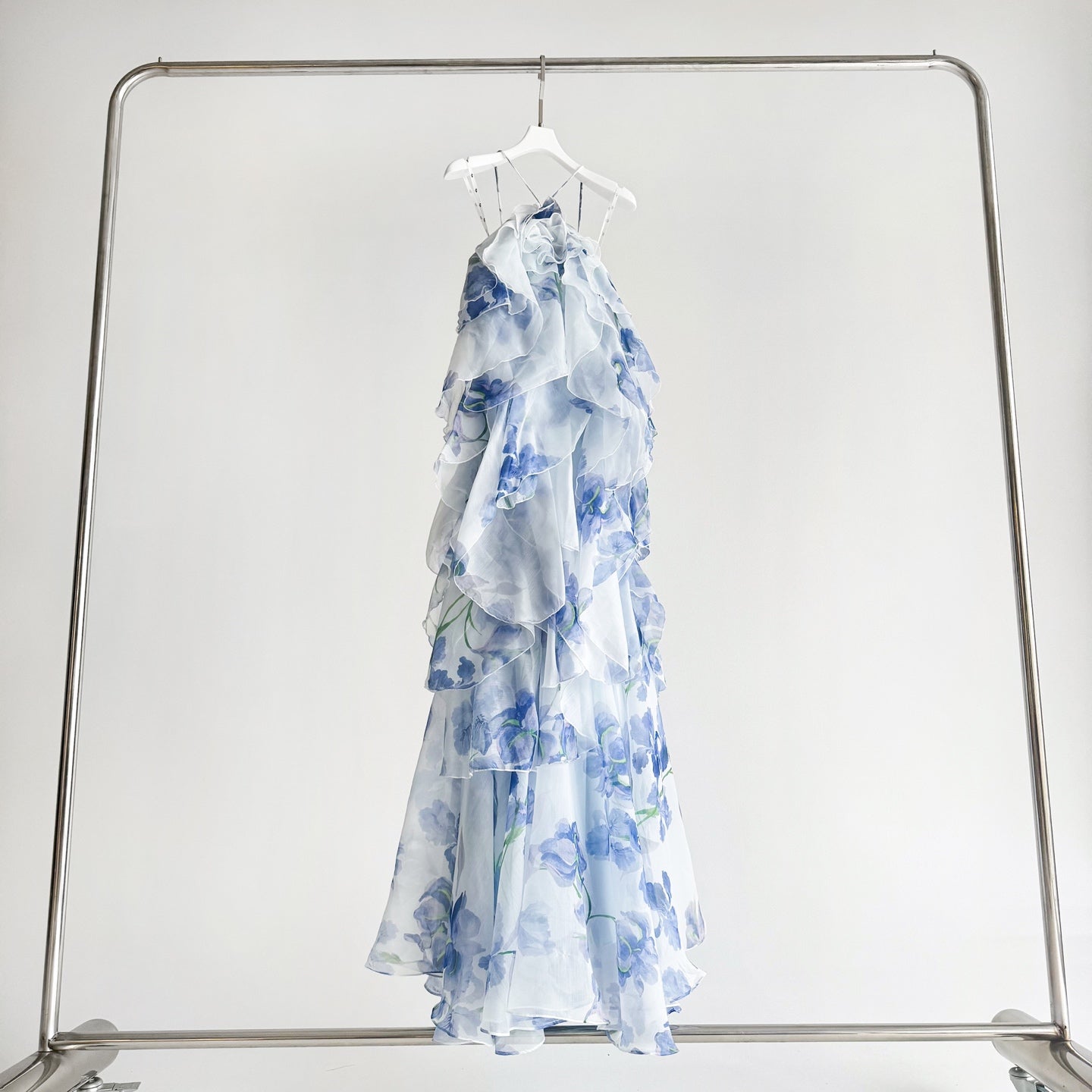 Withe Base Blue Ink Floral Print Tiered Ruffle Tulip Hem Maxi Dress