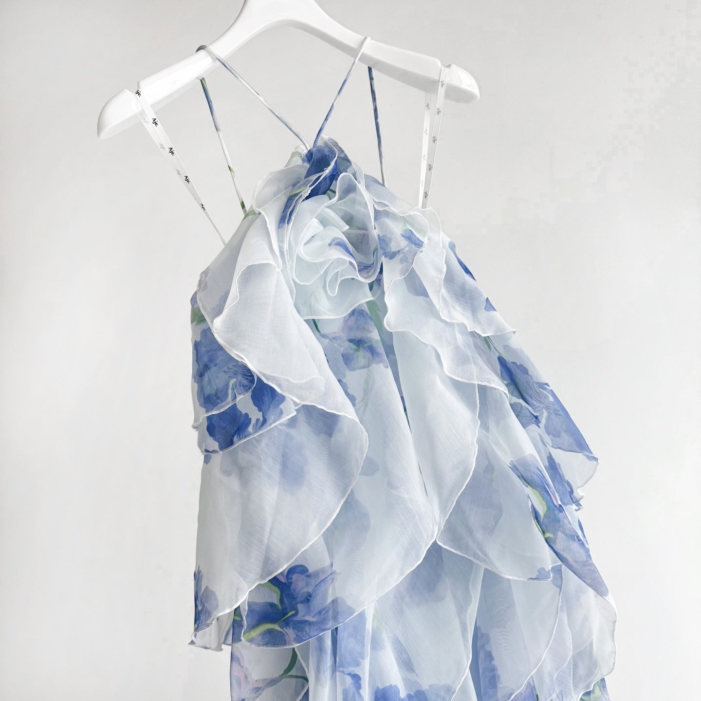 Withe Base Blue Ink Floral Print Tiered Ruffle Tulip Hem Maxi Dress