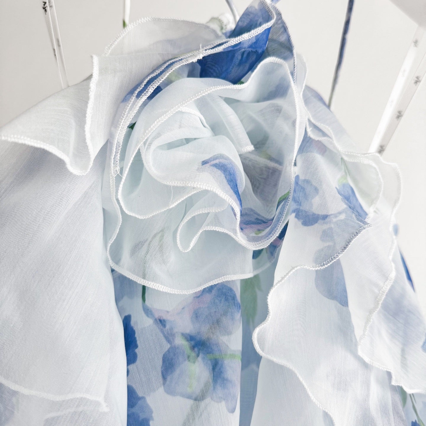 Withe Base Blue Ink Floral Print Tiered Ruffle Tulip Hem Maxi Dress