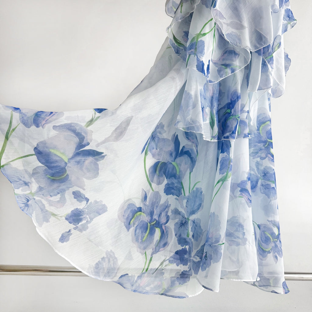 Withe Base Blue Ink Floral Print Tiered Ruffle Tulip Hem Maxi Dress