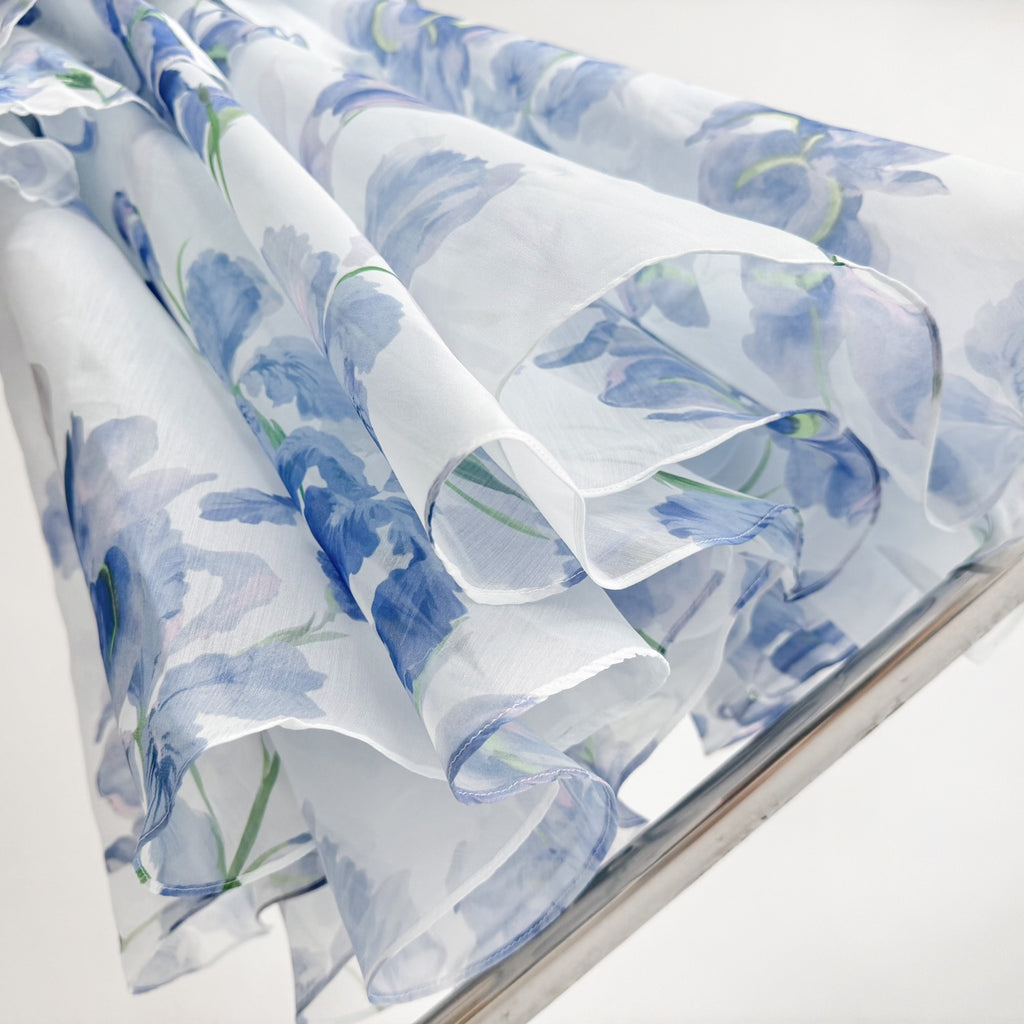 Withe Base Blue Ink Floral Print Tiered Ruffle Tulip Hem Maxi Dress