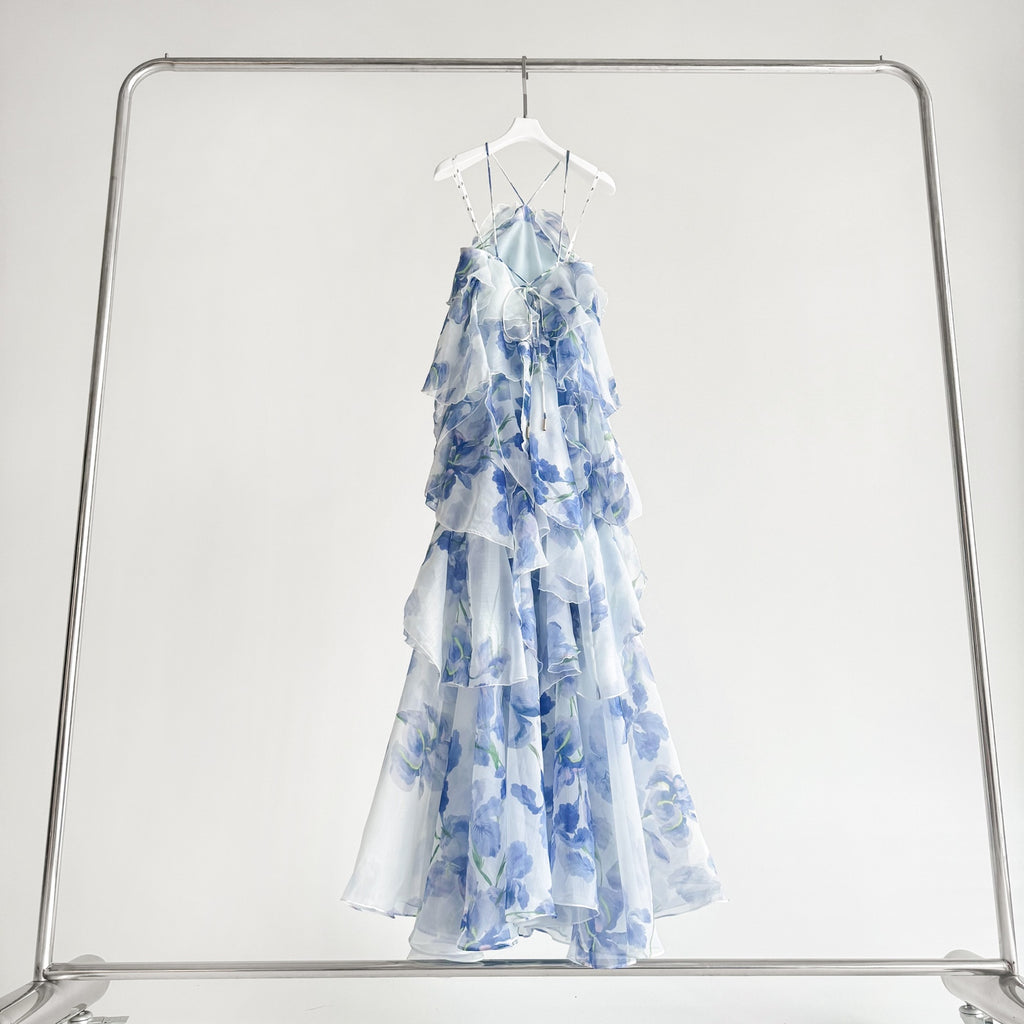 Withe Base Blue Ink Floral Print Tiered Ruffle Tulip Hem Maxi Dress
