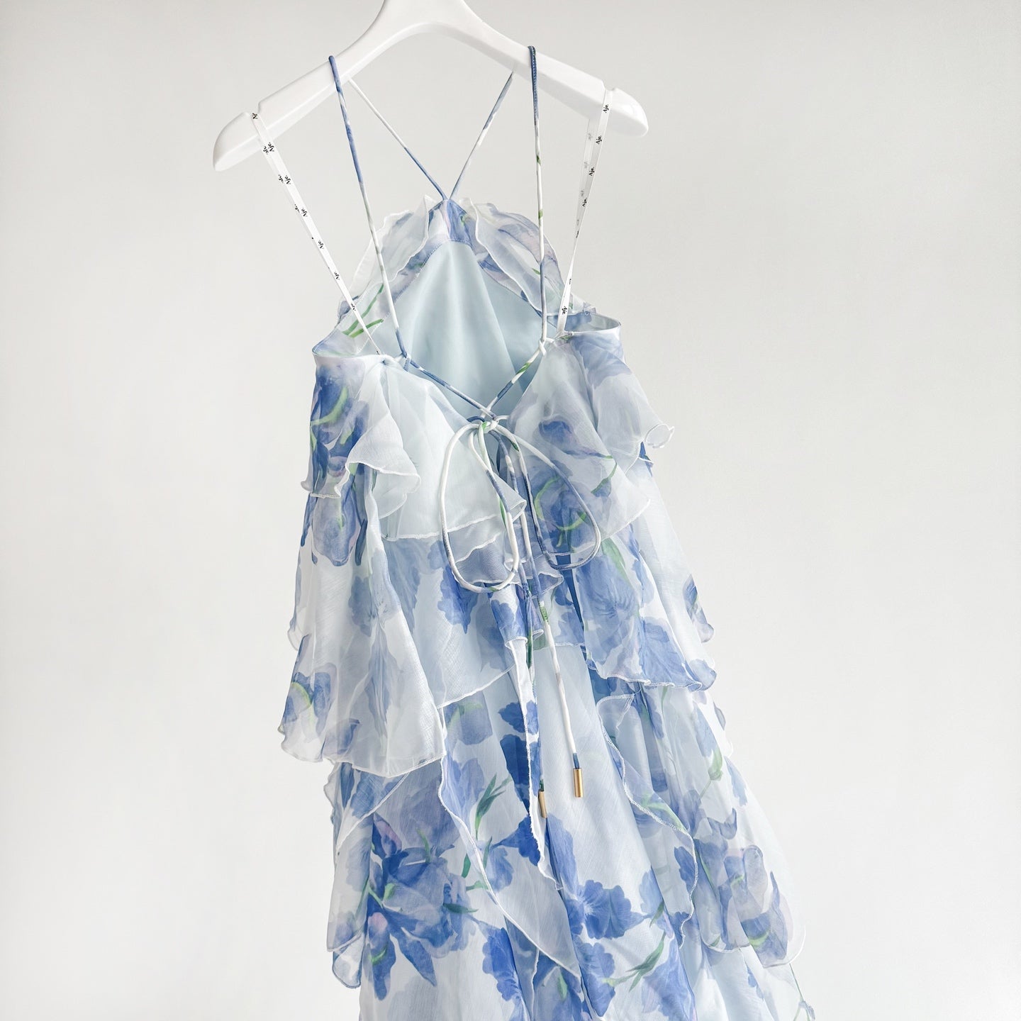 Withe Base Blue Ink Floral Print Tiered Ruffle Tulip Hem Maxi Dress