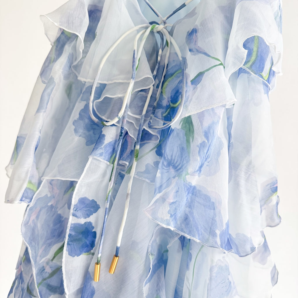 Withe Base Blue Ink Floral Print Tiered Ruffle Tulip Hem Maxi Dress