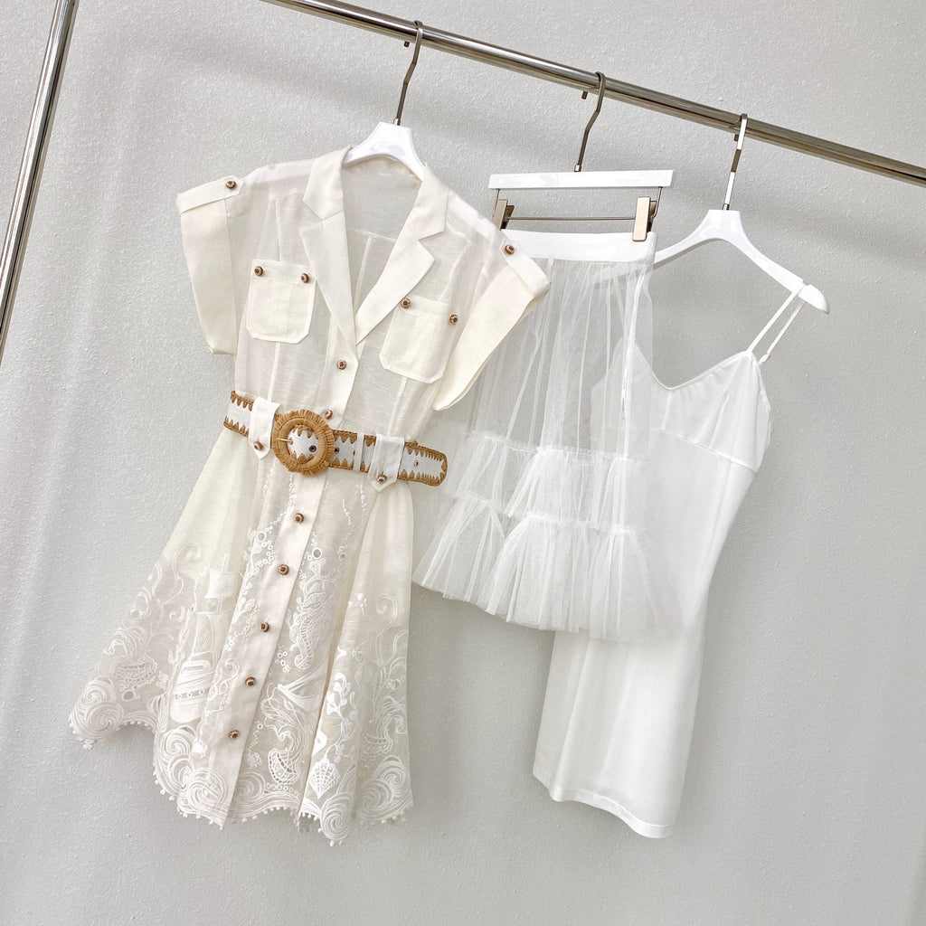 Island Vacation Embroidered Waist-Cinching Lapel Shirt Dress