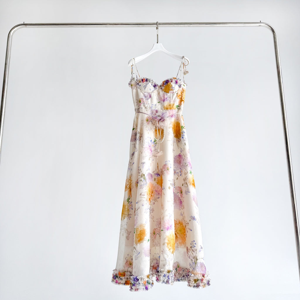 The Luna Ruffle Midi Dress in Cream Dahlia