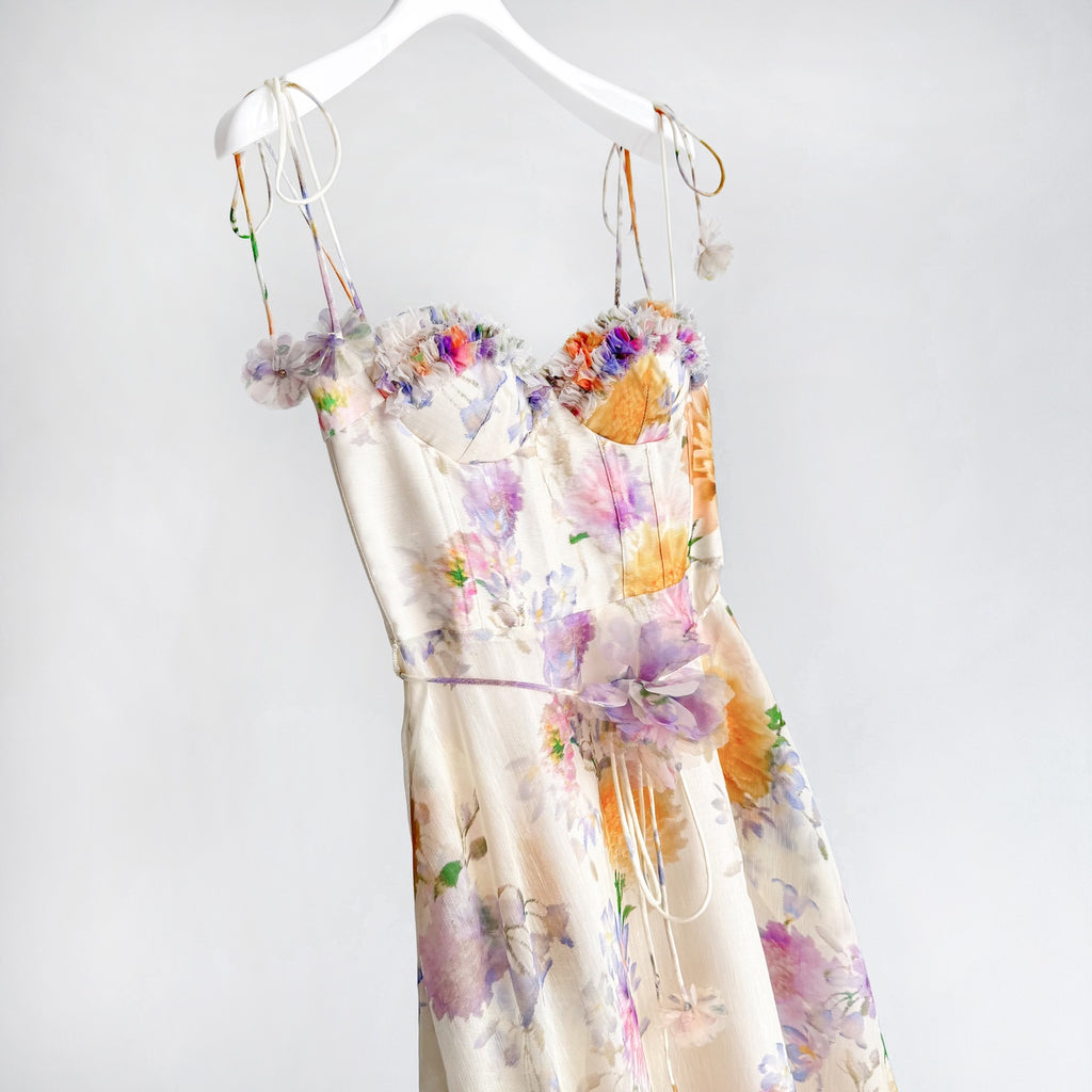 The Luna Ruffle Midi Dress in Cream Dahlia