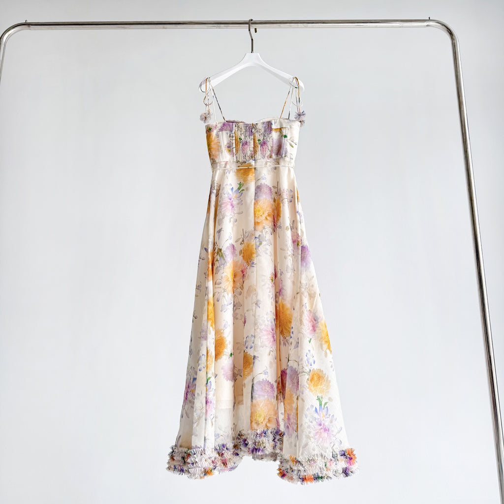 The Luna Ruffle Midi Dress in Cream Dahlia